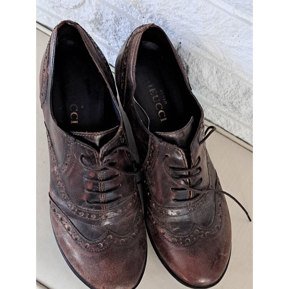 Sesto Meucci Women's 8.5 Wingtip Brown Leather Lace-Up Wedge Shoes Brogue - Picture 6 of 13